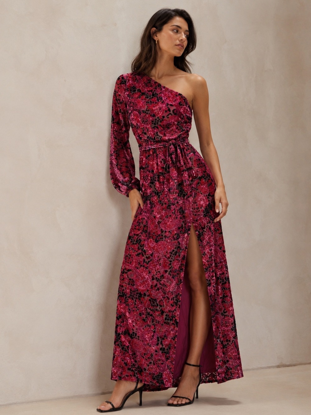 Hemant & Nandita One Shoulder Red Floral Velvet Burnout Dress XS Worn once